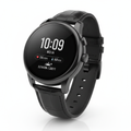 Men's luxury smartwatch with black stainless steel case and leather strap
