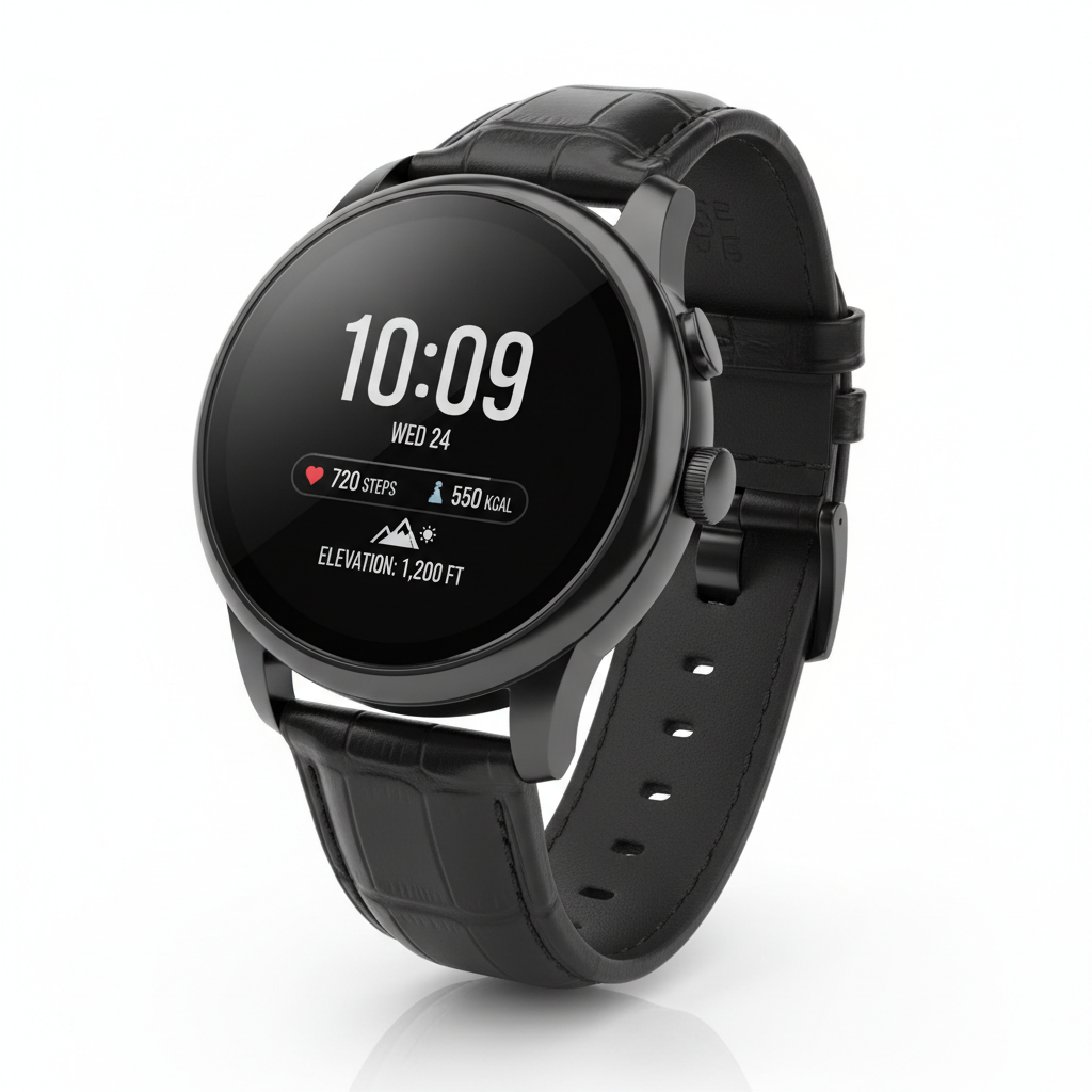 Men's luxury smartwatch with black stainless steel case and leather strap