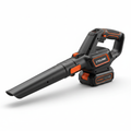 Cordless electric leaf blower in black and orange on white background