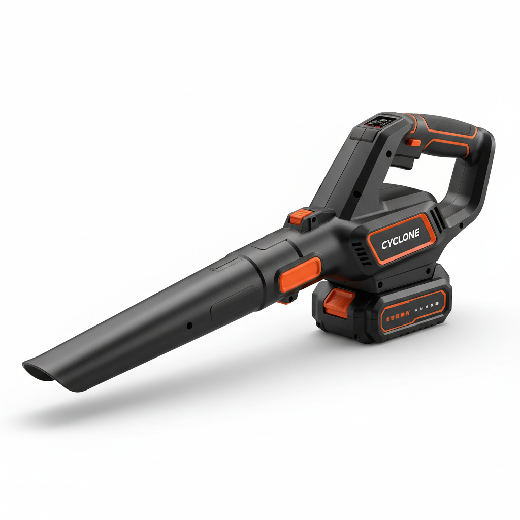 Cordless electric leaf blower in black and orange on white background