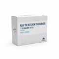 Box of 13 gallon kitchen trash bags with flap tie on white background