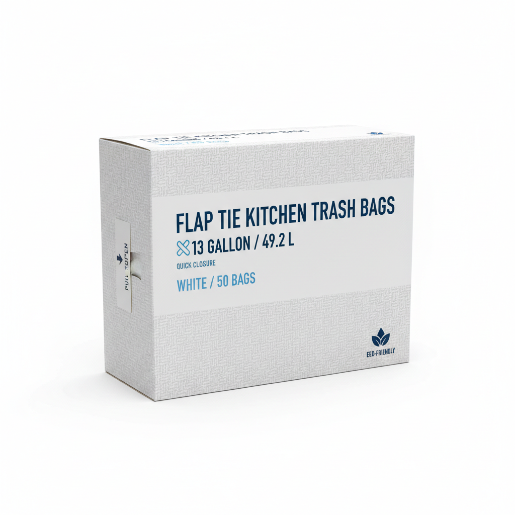 Box of 13 gallon kitchen trash bags with flap tie on white background