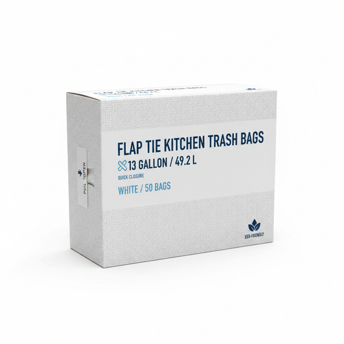 Box of 13 gallon kitchen trash bags with flap tie on white background
