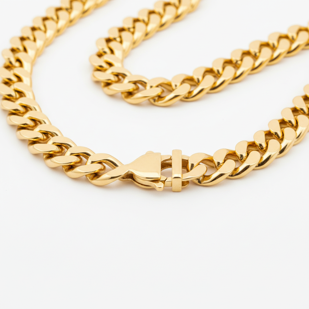 Men's gold Cuban link chain necklace on white background