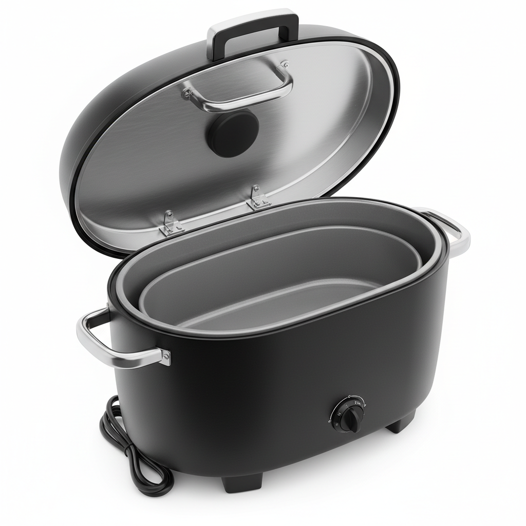 18QT electric roaster oven with black oval body on white background