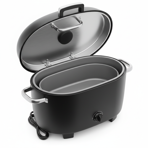 18QT electric roaster oven with black oval body on white background