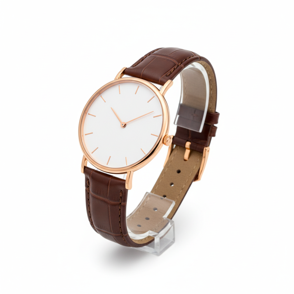 Men's slim minimalist dress watch with white dial and brown leather strap on white background