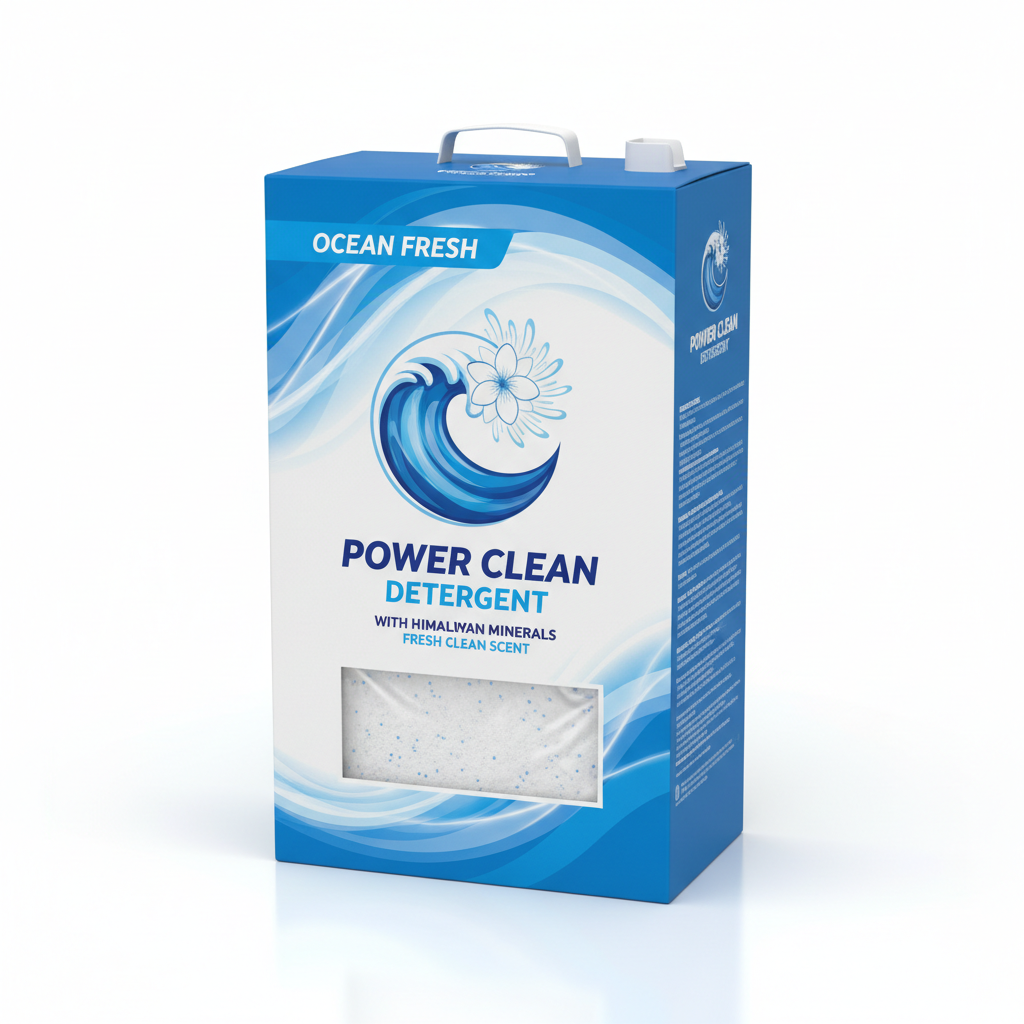 Large box of laundry washing powder detergent in blue and white packaging on white background