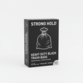 Box of heavy duty black drawstring trash bags on white background