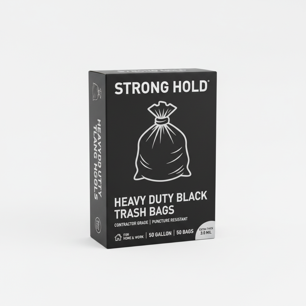 Box of heavy duty black drawstring trash bags on white background