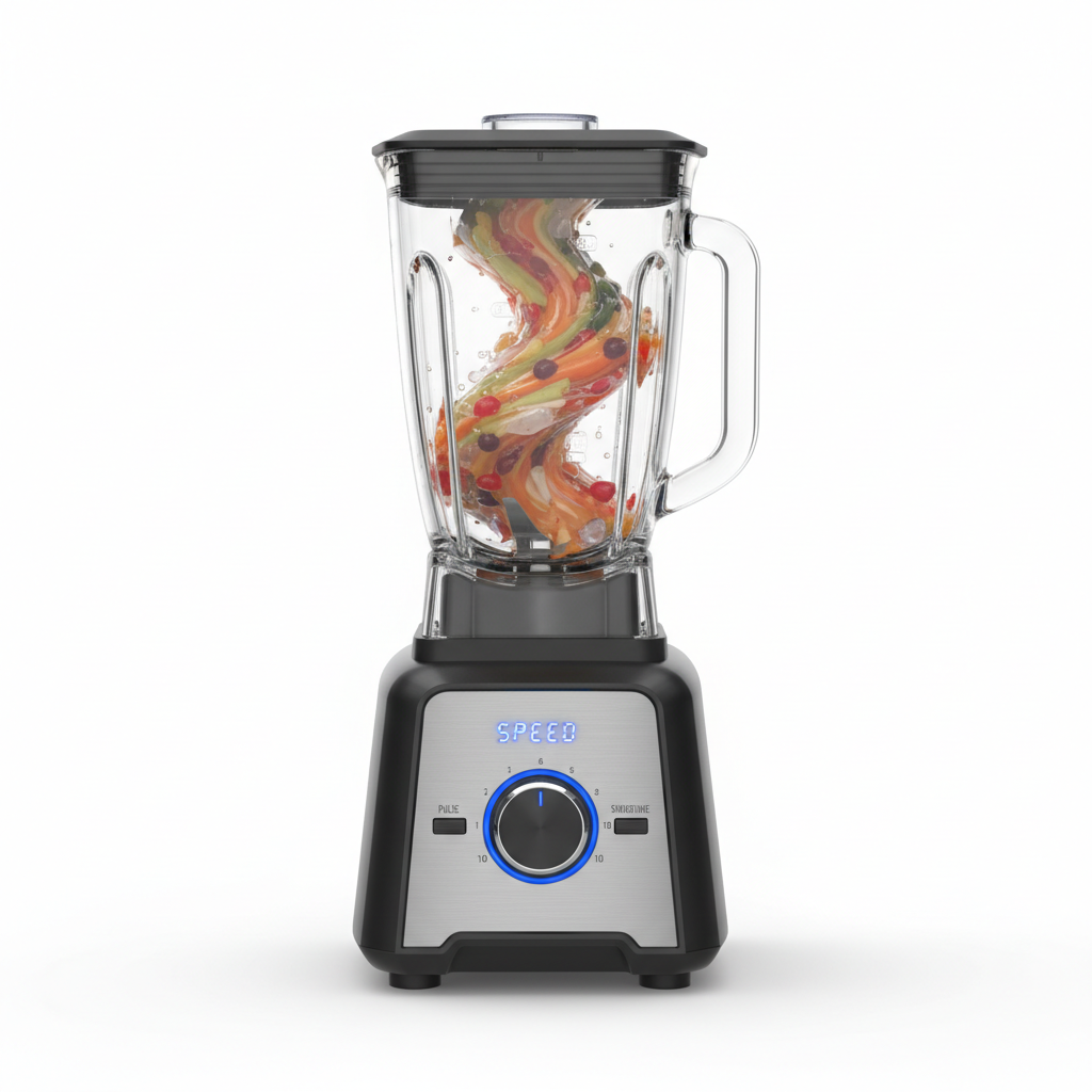 High-speed countertop blender with clear jar and black base on white background