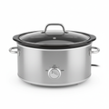 6QT oval slow cooker crockpot with stainless steel exterior on white background