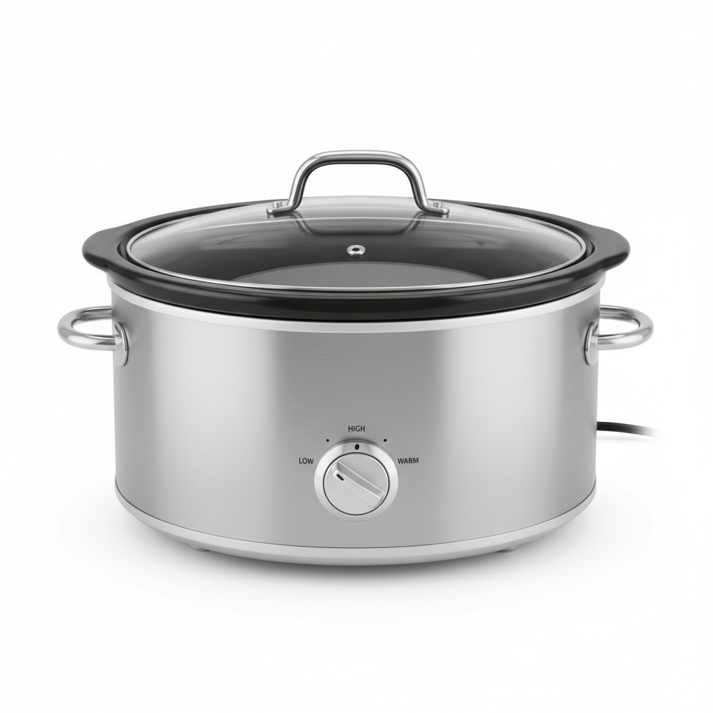 6QT oval slow cooker crockpot with stainless steel exterior on white background
