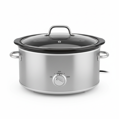 6QT oval slow cooker crockpot with stainless steel exterior on white background