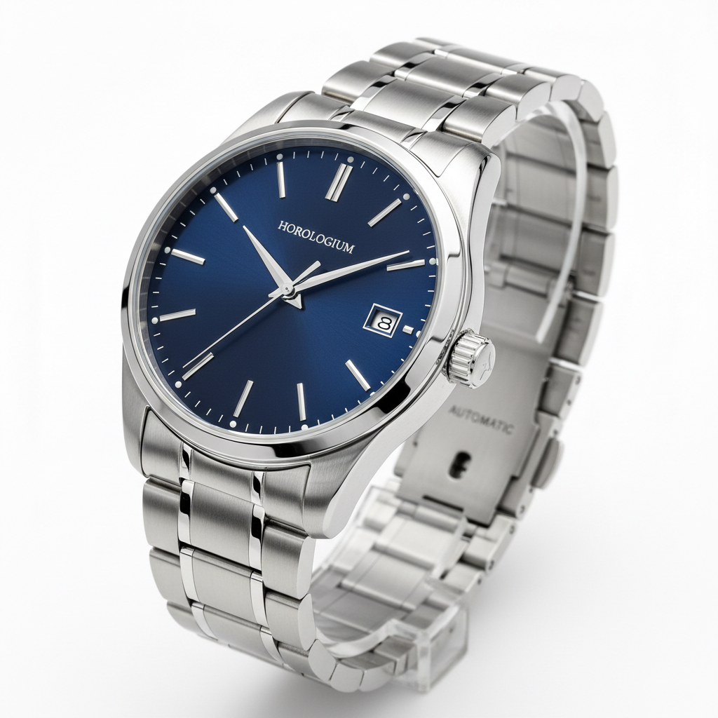 Men's stainless steel automatic watch with blue sunburst dial on white background