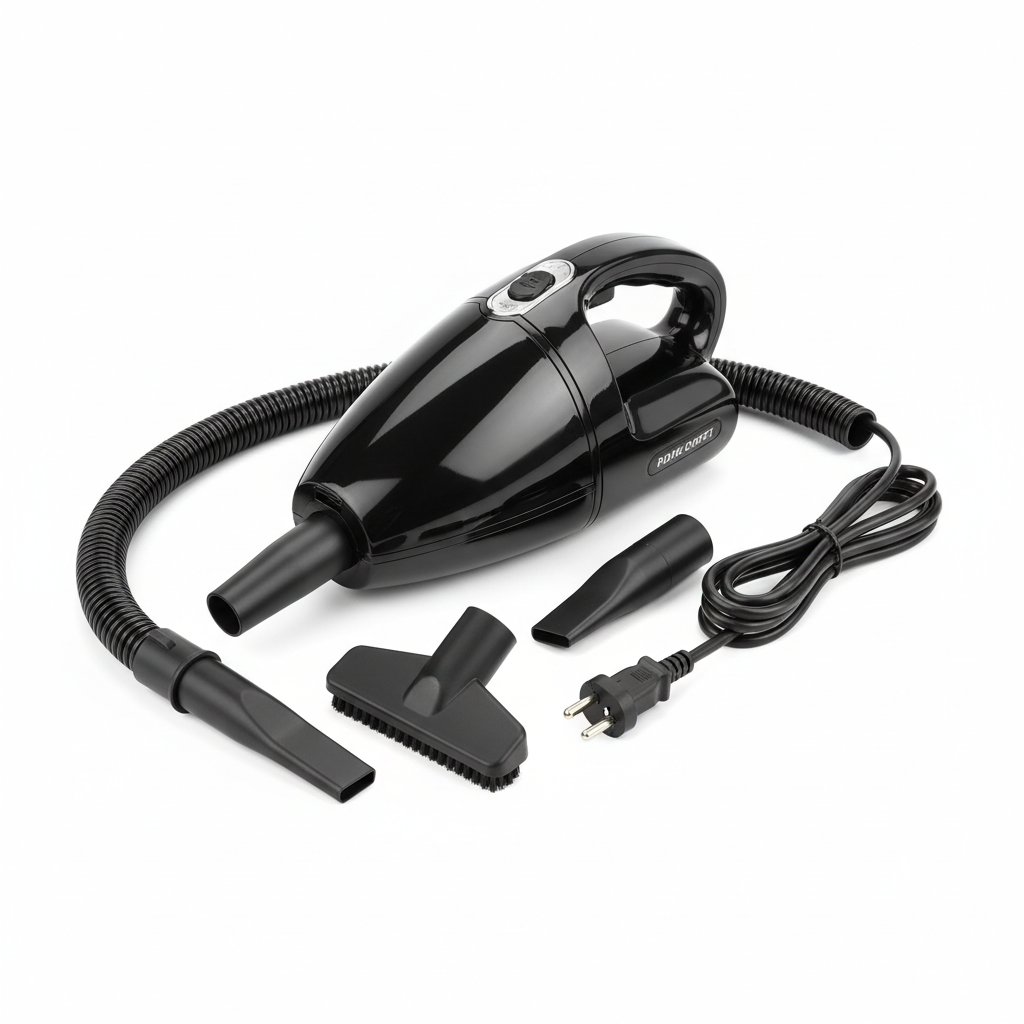 Portable 12V car vacuum cleaner with attachments on white background