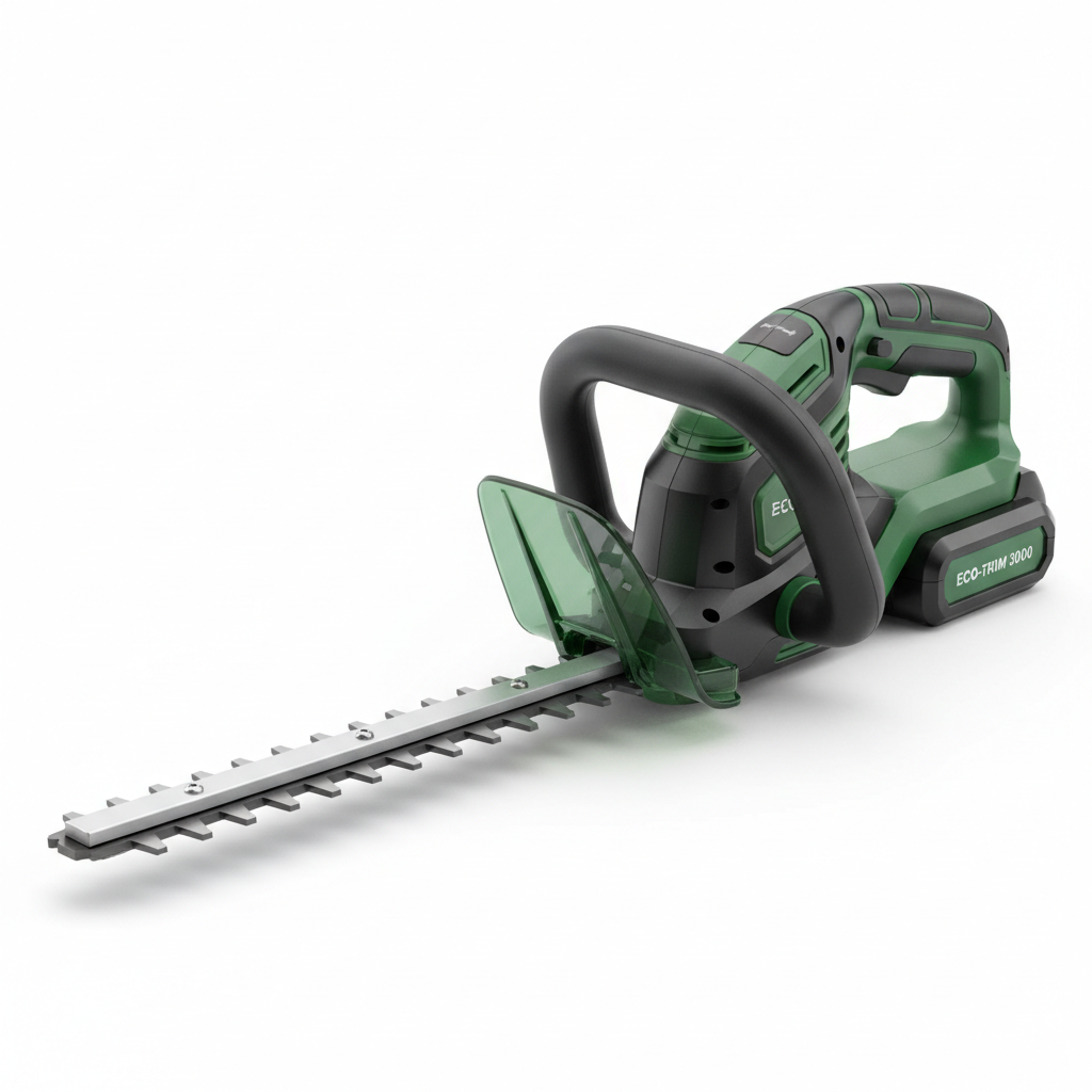 Cordless electric hedge trimmer in black and green on white background