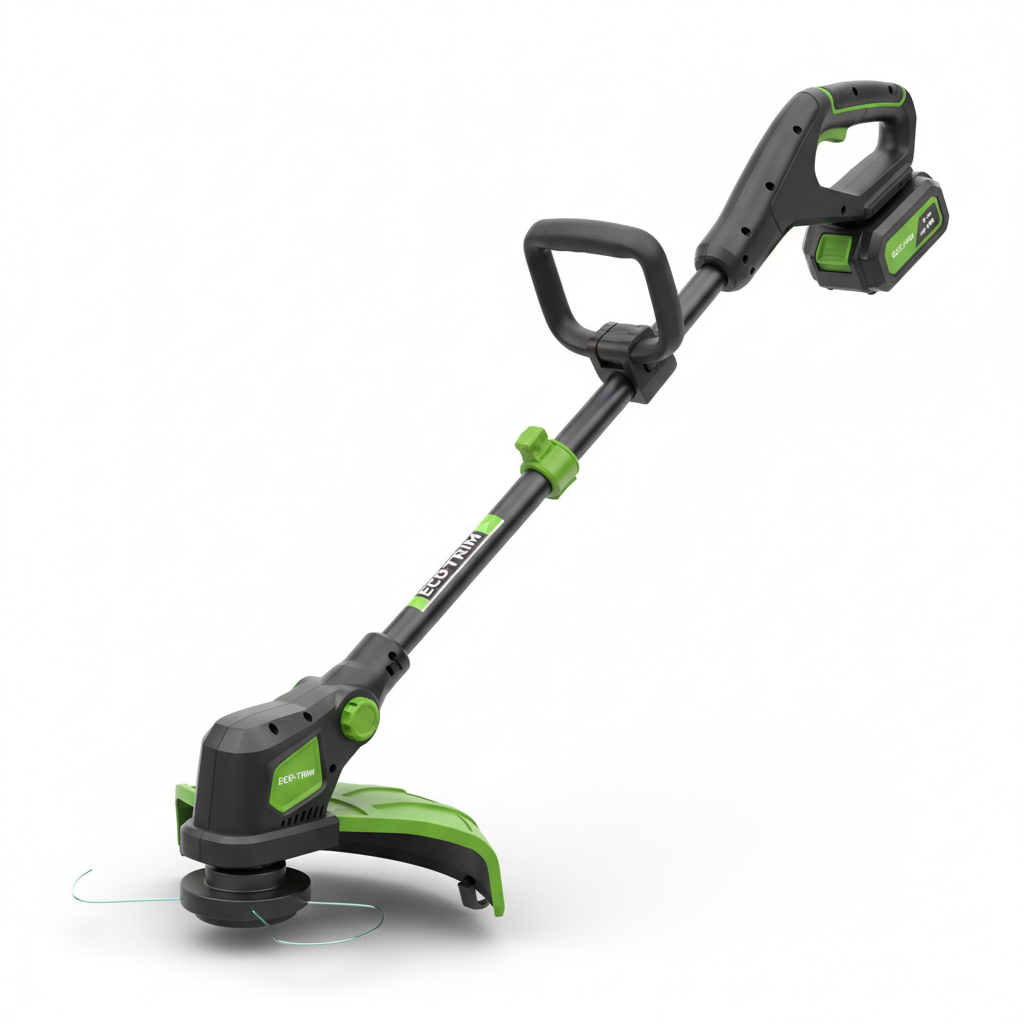 Cordless electric string trimmer weed eater in black and green on white background