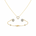 Gold necklace, bracelet and crystal stud earrings arranged on white background