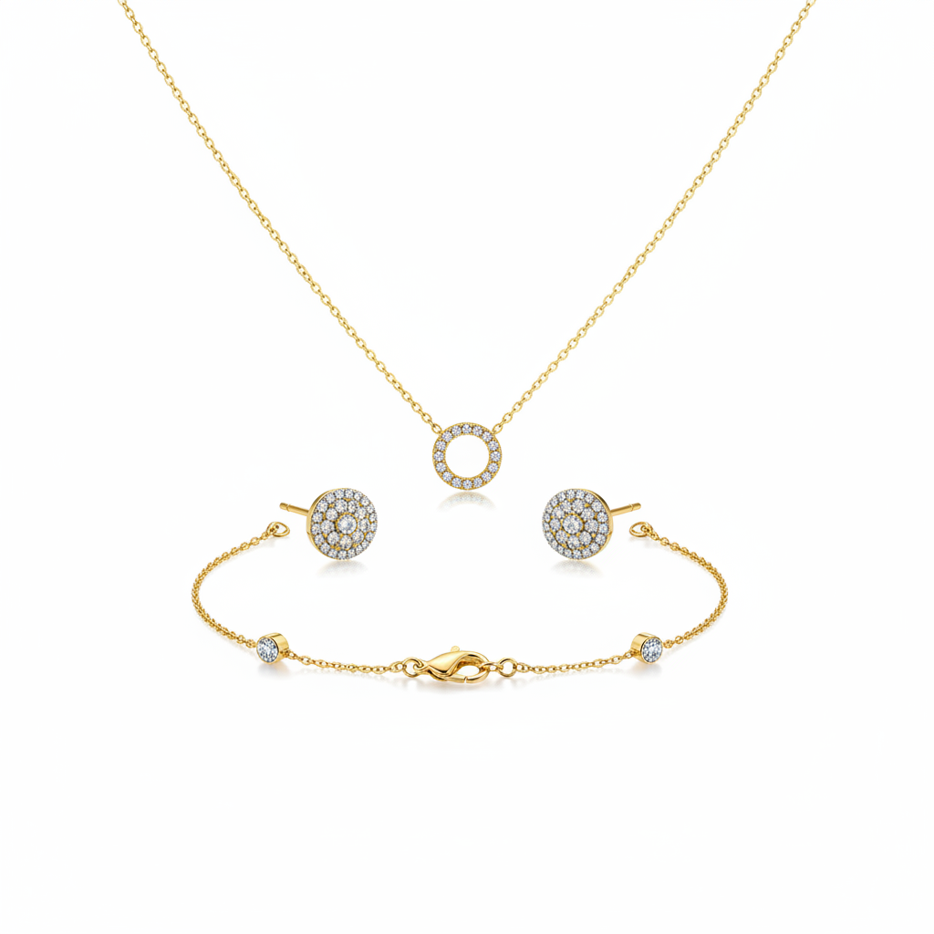 Gold necklace, bracelet and crystal stud earrings arranged on white background