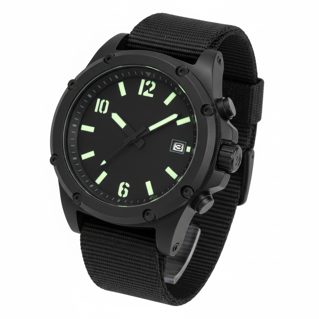 Men's all-black tactical military watch with NATO strap on white background