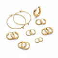 Women's gold hoop earrings in various sizes on white background