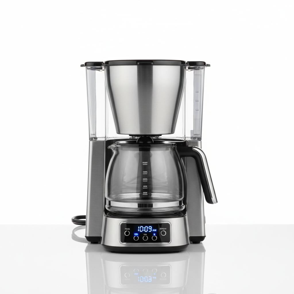 12-cup programmable drip coffee maker with glass carafe on white background