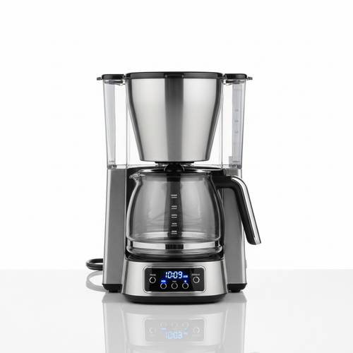12-cup programmable drip coffee maker with glass carafe on white background