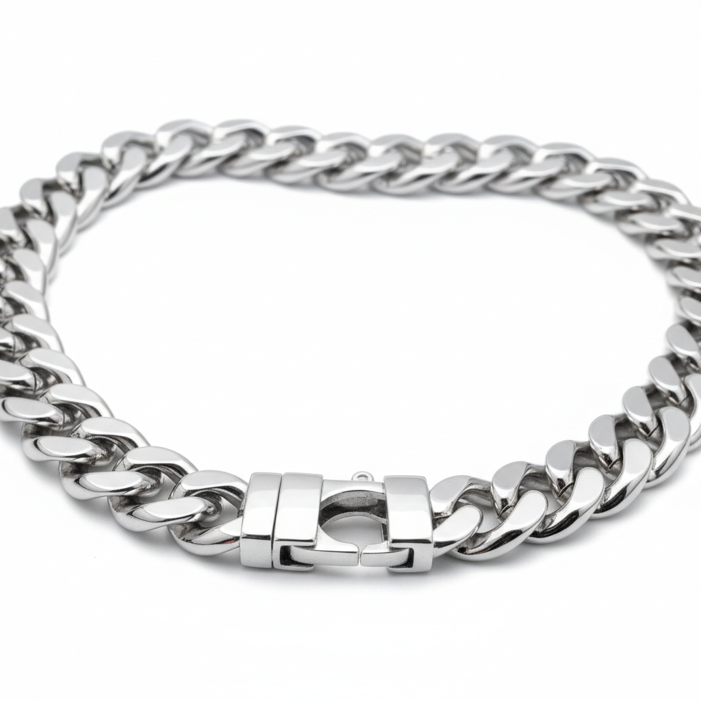 Men's silver Cuban link chain necklace on white background
